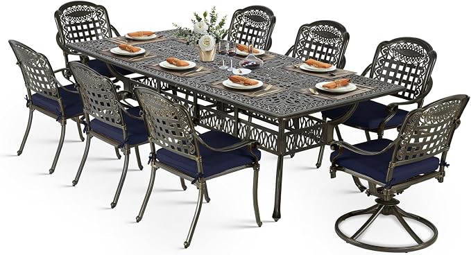 VIVIJASON 9-Piece Outdoor Dining Set, Cast Aluminum Patio Table & Chair Furniture Set, Include 94.5" Rectangular Table, 2 Swivel Rocker Chairs, 6 Stationary Chairs, Umbrella Hole, Navy Blue Cushion