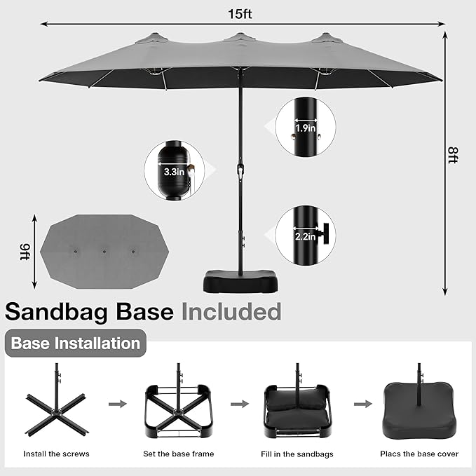Joyside 15FT Large Patio Umbrella, Outdoor Double Sided Umbrella, Rectangle Umbrella with Crank Handle, 12 Sturdy Ribs for Deck, Porch and Pool