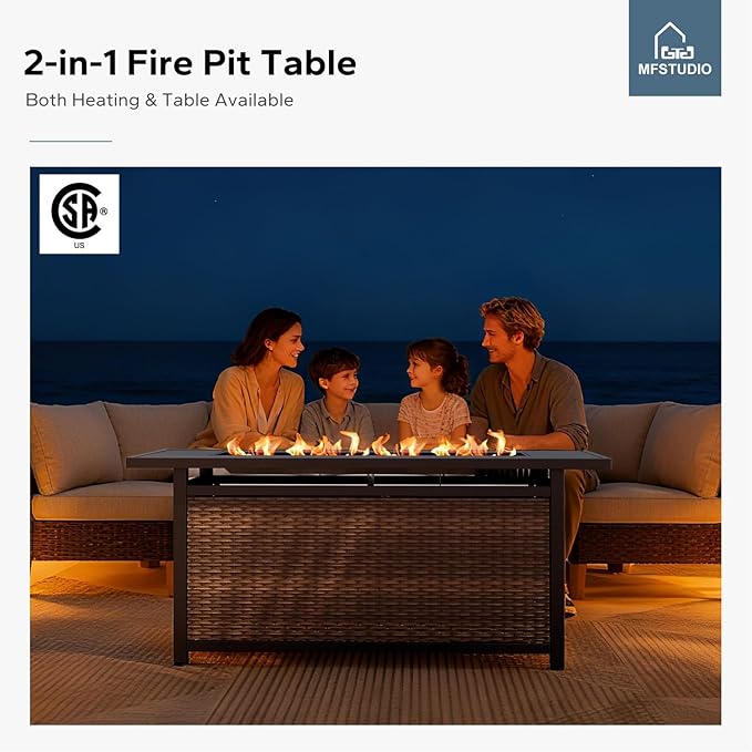 MFSTUDIO 7 Piece Wicker Patio Furniture Set with 56" Fire Pit Table, All-Weather PE Rattan Patio Sectional Sofa Conversation Set with 50000 BTU CSA Approved Fire Pit Table, Ottoman & Beige Cushion