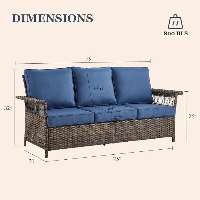 Patio Furniture Set 2 Wicker Swivel Glider Chairs Sofa with PE Rattan Coffee Table Brown Wicker Blue Cushions Patio Conversation Set 4pcs for Garden Balcony Sunroom Backyard