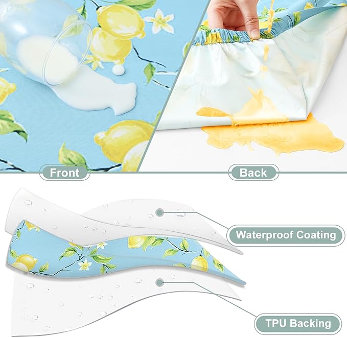misaya Picnic Table Cover with Bench Cover, Waterproof Elastic Fitted Tablecloth for 8 Foot Tables, Rectangle Washable Polyester Fabric Tablecloths for Picnic, Camping, Outdoor (Lemon, 30" x 96")