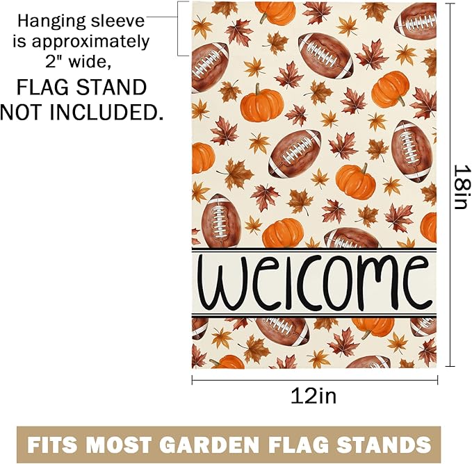 Welcome Fall Football Garden FLag 12X18 IN Double Sided Autumn maple leaves Pumpkin Garden Flags for Harvest Thanksgiving Halloween Farmhouse Yard Outside Decoration