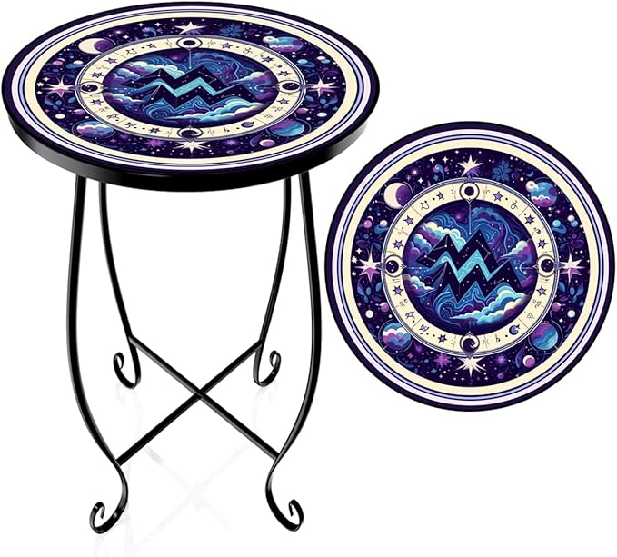 15 Inch Tall Patio Side Table, Small Patio Table for Outdoor Deck Porch Poolside, Ocean Wave Metal End Table, Rust Resistant Garden Stool Matches Mosaic Outdoor Side Table Decor