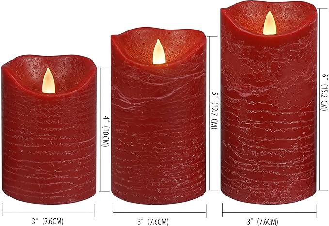 CANDLE CHOICE Real Wax Battery Operated Flameless Candles with Remote Automatic Daily Cycle Timer Realistic Flickering Electric LED Pillars Wedding Party Holiday Decorations 3 Pack Rustic Texture Red