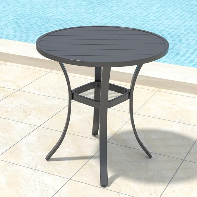 Anmutig 3-Piece Outdoor Dining Set, Small Metal Bistro Table with 2 Stackable Sling Chairs, 27.5 x 27.5 Inch Round Table, Brown Fabric