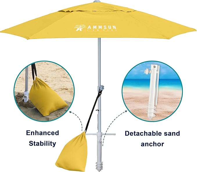 AMMSUN 8ft Heavy Duty High Wind Commercial Grade Patio Beach Umbrella with Separate Sand Anchor Air Vent Carry Bag Fiberglass Ribs without Tilt Outdoor umbrellas for sands Yellow