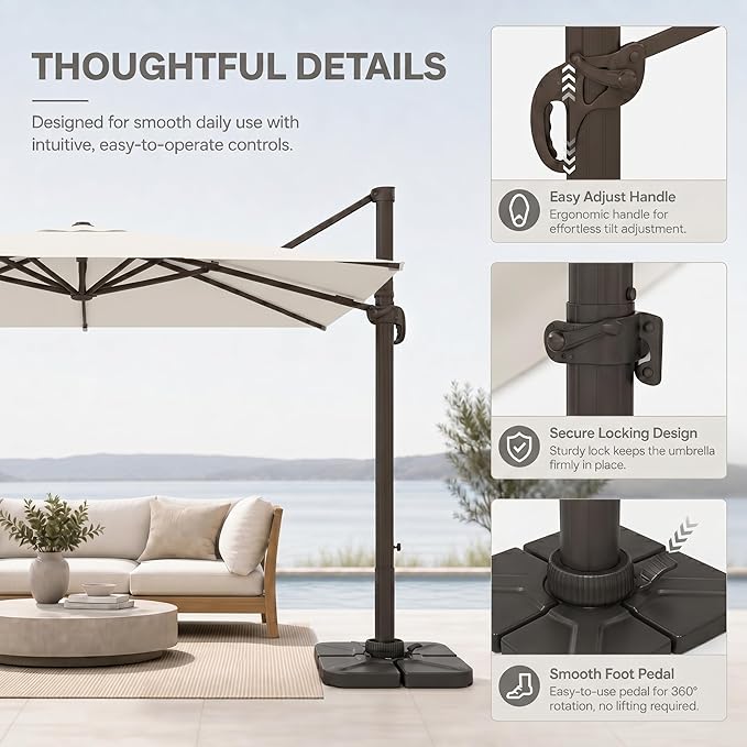 Cantilever Patio Umbrella, Large Square Outdoor Offset Umbrella with Aluminum Pole, 360-degree Rotation for Garden, Deck, Pool