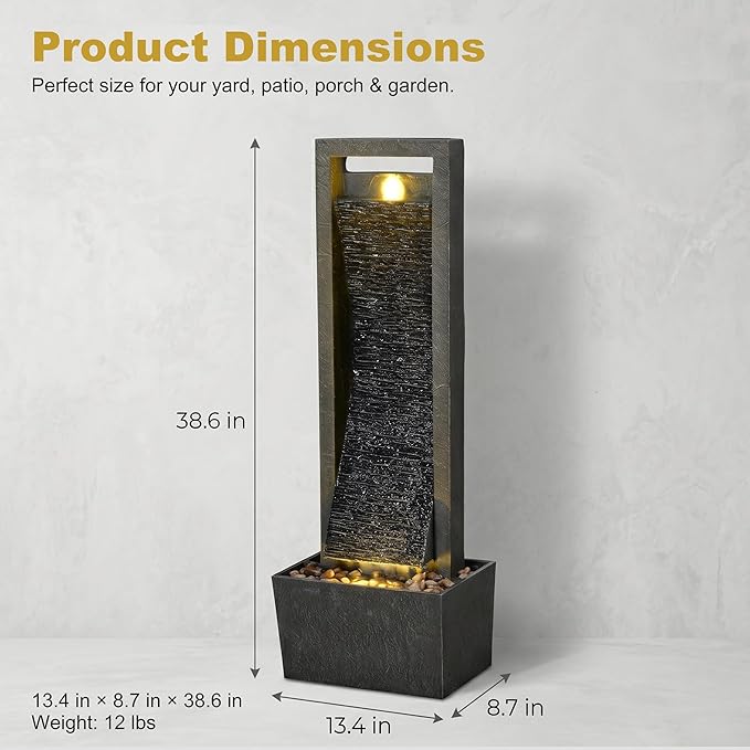 38.6" Tall Outdoor Water Fountain with LED Lights, Modern Floor Standing Waterfall Fountain for Patio Garden Porch Yard Deck Decor, Resin Freestanding Outdoor Fountain Decor