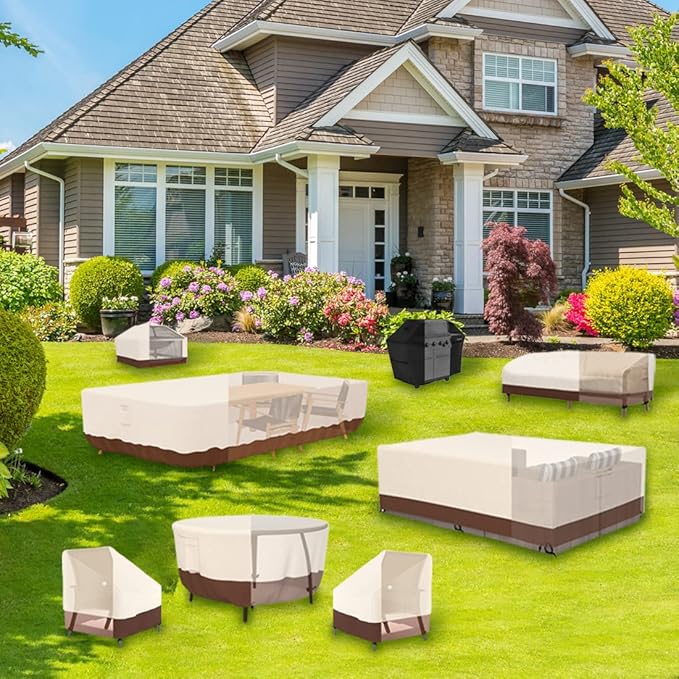 Tuyeho Patio Furniture Cover 48 x 28 x 13 inch, Durable Heavy Duty Oxford Fabric Outdoor Rectangular Table Cover , Waterproof & Weather Resistant for Your Coffee Table and Chairs (Beige & Brown)