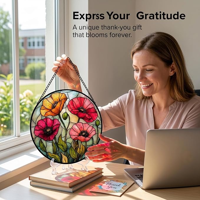 Floral Theme Gifts for Mom - Poppy Flower Faux Stained Glass Window Hanging Sun Catcher for Door Garden Acrylic Decor Mother's Day Birthday for Women Nana Friend Men Grandma 9.8"