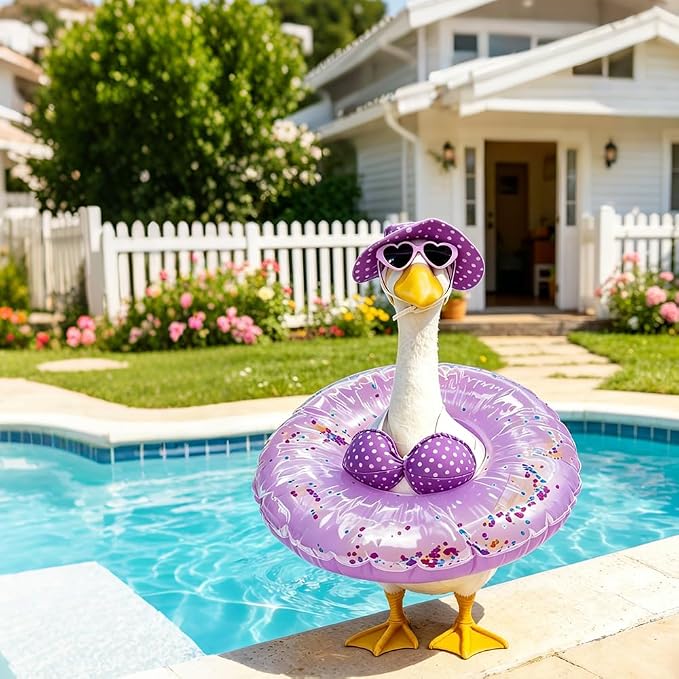 Hawaiian Porch Goose Outfits with Hat Sunglasses & Swim Ring, Summer Bikini Goose Outfit Clothes Costume Fits 23" Cement Geese Statue, Summer Garden Lawn Patio Yard Outdoor Decor (Summer style-Purple)