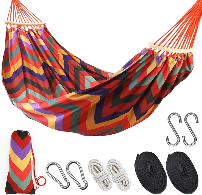Double Hammock 9.5FT Extra Large Hammock with Carrying Bag - 2 Persons Hammock Portable Hanging Camping Bed for Patio, Backyard, Porch, Outdoor and Indoor Use - Soft Cotton, 290x145cm