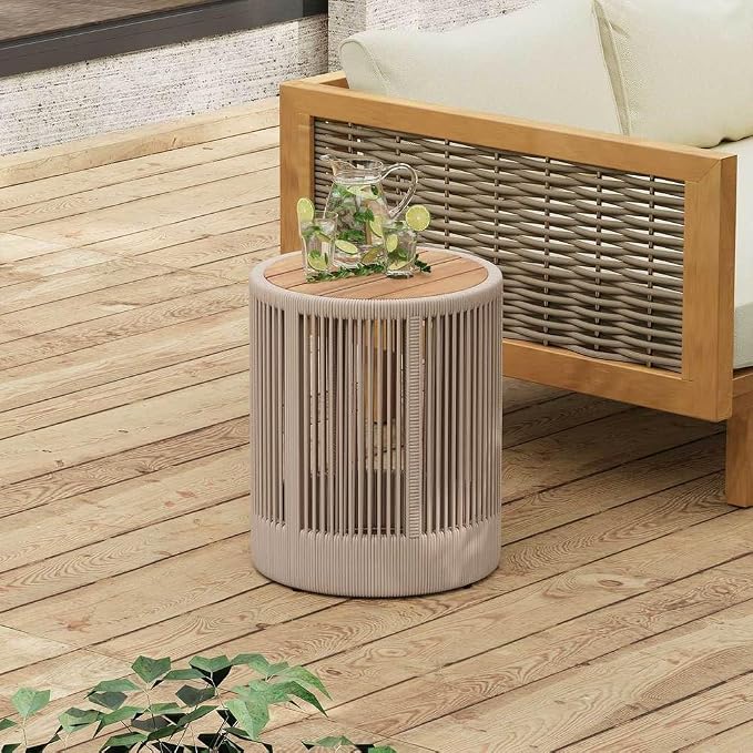 Outdoor Patio Side Table, Hand-Woven Rattan Rope End Table, Compact Outdoor Acacia Wood Round Coffee Table for Porch, Yard, Balcony, Garden,Beige