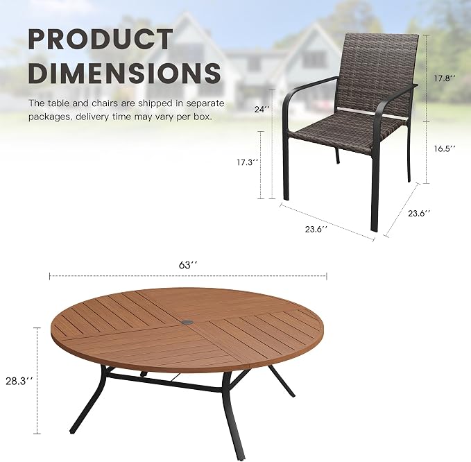 Outdoor Dining Set for 10, 63.1" Metal Round Outdoor Dining Table with Umbrella Hole and Wicker Stackable Patio Chairs, 11 Pieces Patio Table and Chairs Set for Garden Backyard, Walnut