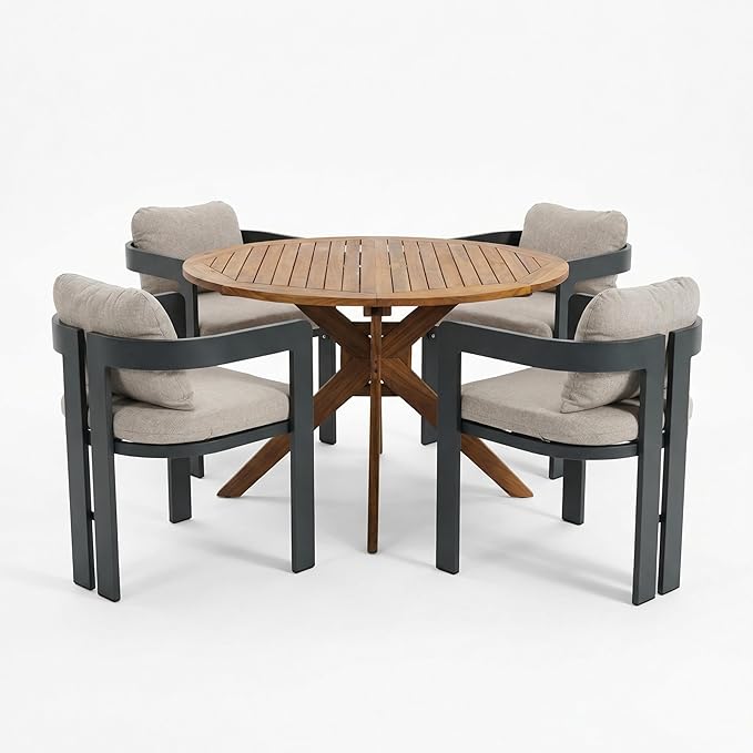Christopher Knight Home Pula Acacia Wood Patio Dining Set for 4, Wood&Metal Outdoor Dining Table Set for 4, Round Dining Table and Chairs Set of 4 with Cushion, Teak+Grey+Black