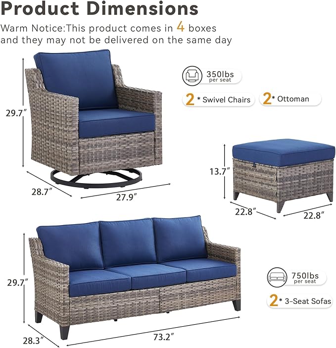 Outdoor Patio Furniture Set-6 Piece High Back Outdoor Furniture Set Sectional Sofa with Wicker Swivel Rocker Patio Chairs,Thick Cushions Ottomans for Porch Balcony Patio Deck Grey/Blue