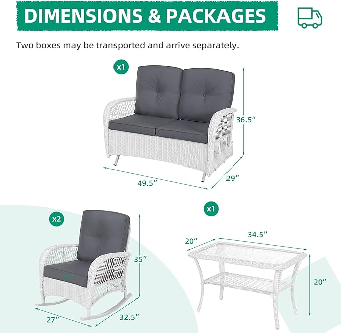 VIVIJASON 4-Piece Patio Wicker Conversation Set, All Weather Outdoor Rattan Furniture Set Includes Glider Loveseat, Coffee Table, 2 Rocking Chairs with Cushions for Backyard, White/Grey