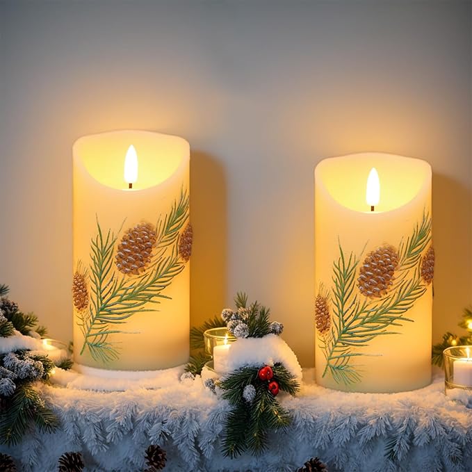 Pinecone LED Candles with 6H Timer, flameless Candles with Flickering Flame, Waxy Pillar 2 Pack Flickering Acorn Decor Woodsy for Fall Christmas Decor (3 inches x 5.7 inches)