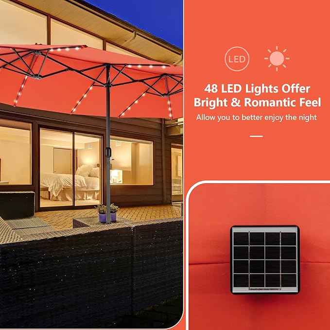 Tangkula 15 Ft Solar Patio Umbrella, Double-Sided Extra Large Outdoor Market Table Umbrella with 48 LED Lights, Crank Handle, 12 Sturdy Ribs for Poolside, Garden & Backyard (Orange)