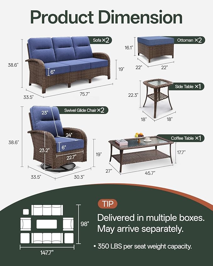 8-Piece Patio Furniture Set with 6-Inch Thick Cushions, High Back Outdoor Couch and Swivel Rocker Chairs, All-Weather Conversation Set for Porch, Deck, Yard, Pool in Blue