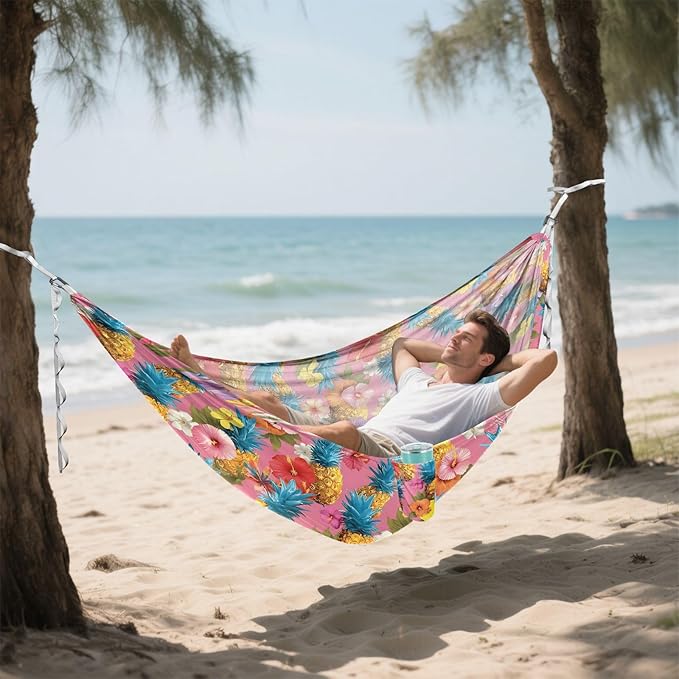 Camping Hammock Outdoor Hammocks for Outside Hibiscus Flower Pineapple Beach Trees Portable Lightweight with Pockets Tree Straps Indoor