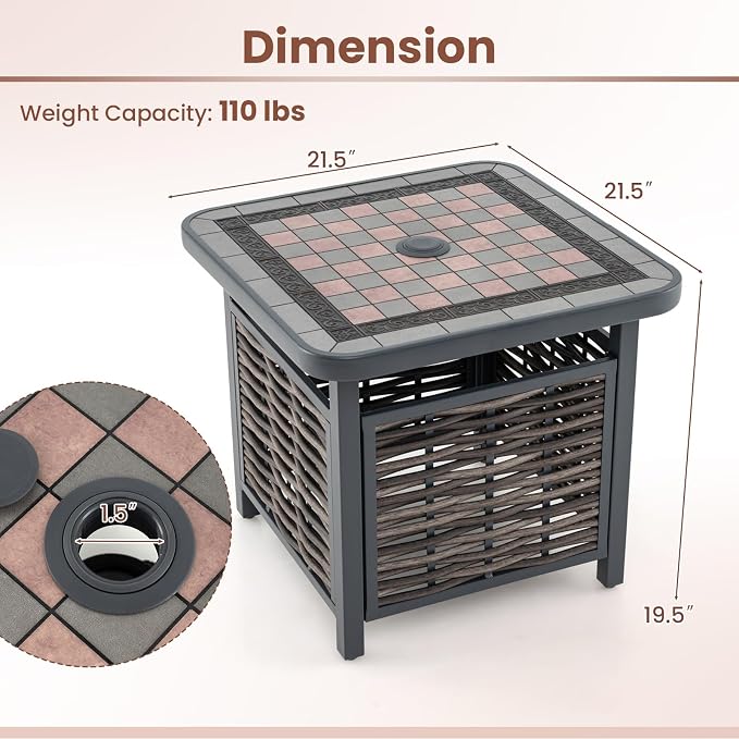 HAPPYGRILL Outdoor Wicker Side Table with Umbrella Hole, PE Rattan Square Coffee Table with Resin Top, Metal Frame, Small End Side Table for Garden, Yard, Poolside, Deck