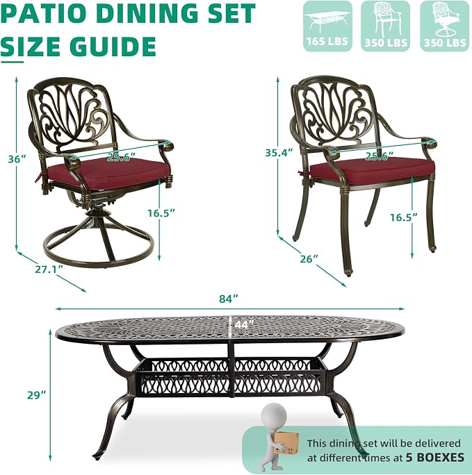 VIVIJASON 9-Piece Outdoor Furniture Dining Set, All-Weather Cast Aluminum Patio Conversation Set, Include 6 Stationary Chairs, 2 Swivel Dining Chairs and an Oval Table with Umbrella Hole, Red Cushion