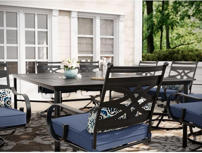 Hanover Montclair 11-Piece Patio Dining Set with 10 Swivel Rocker Chairs, Accent Lumbar Pillows and 84"x60" Steel Stamped Rectangular Table, Large Outdoor Patio Dining Set for 10, Navy Blue