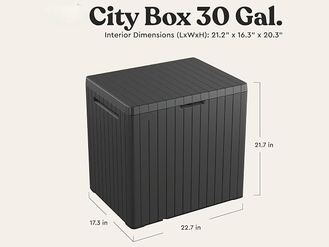 30 Gallon Outdoor Deck Box, Waterproof Resin Storage with Lid for Patio Furniture Cushions, Toys, Pool Accessories