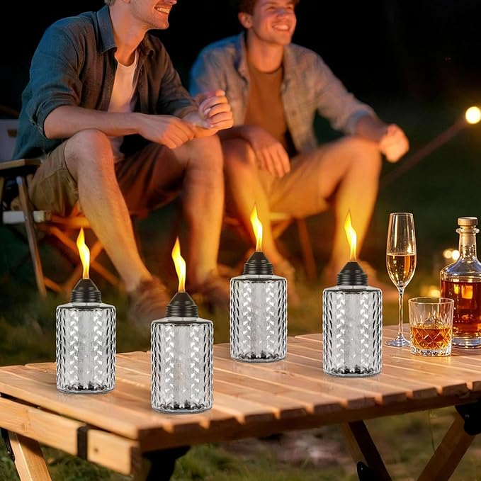 Table Torch Canister 4 Pack, 12oz Glass Citronella Torches Outdoor Lighting, Refillable Tabletop Torch Includes Wick & Cap for Outside Patio & Backyard Parties Décor (Black)