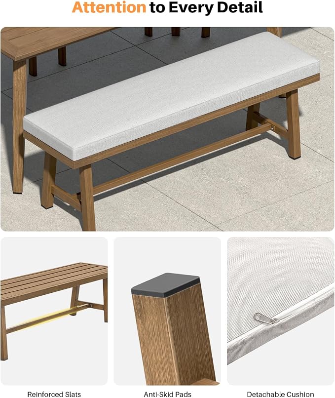 Teak Outdoor Patio Bench for 2 Person, Never-Rust Aluminum 57'' Backless Outdoor Bench with Removable Cushion, Weather-Resistant Outside Dining Benches for Porch, Deck, Garden, Backyard