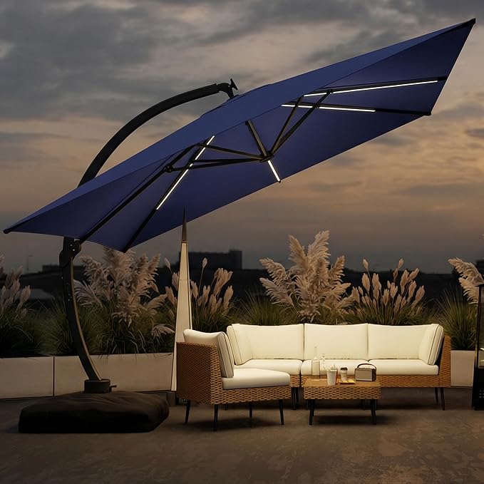11x11FT Solar Powered LED Light Cantilever Patio Umbrella with Base Included, Large Cantilever Umbrella with 360°Rotation, Heavy-Duty Offset Outdoor Umbrella for Patio,Pool,Backyard (Navy blue)