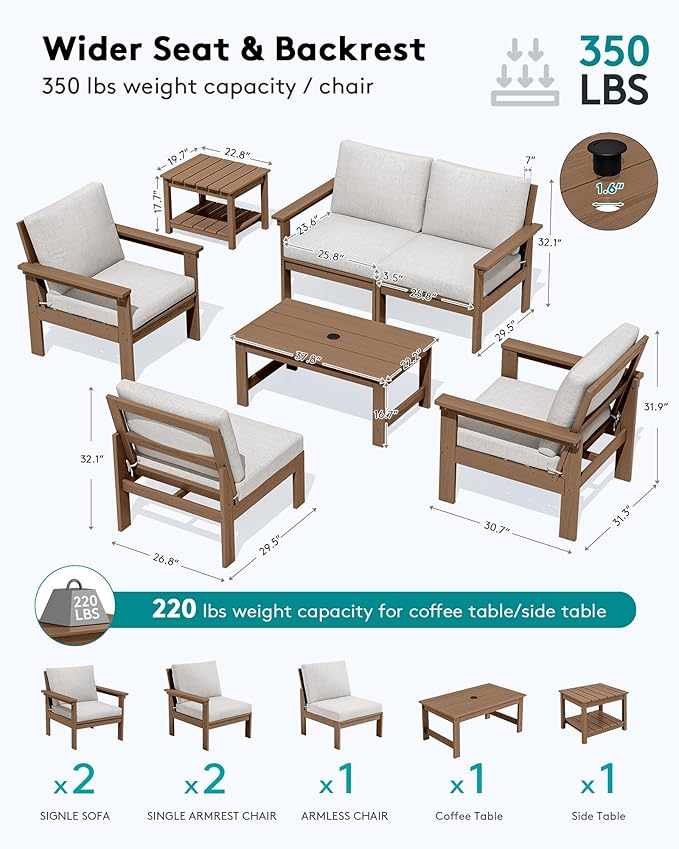 SERWALL HDPE Patio Furniture Set, 7-piece Outdoor Sectional Sofa Set, All Weather Outdoor Couch Set for Deck, Lawn, Brown Frame with Khaki Cushion