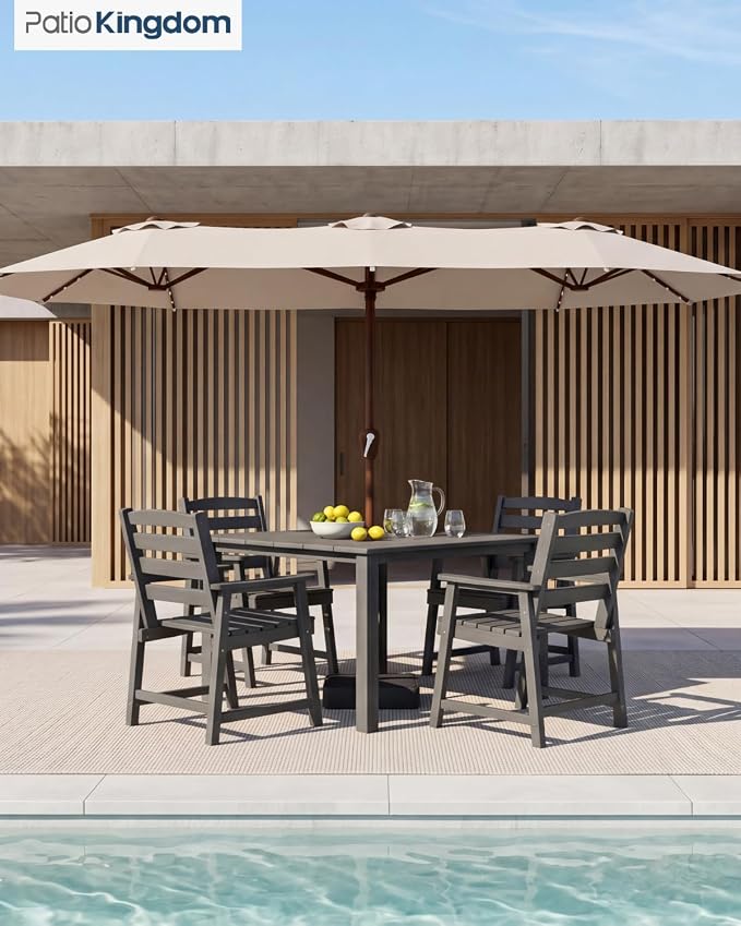 HDPE Outdoor Dining Set for 4, Armchairs, Grey | All-Weather HDPE, Wood Grain Finish, 42.5" Square Table, Built-In Umbrella Hole, Seats 4, Patio & Poolside Ready