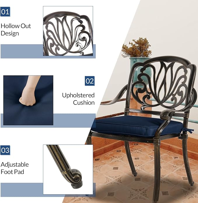 5-Piece Outdoor Patio Dining Set, All-Weather Cast Aluminum Patio Table Set, Include 4 Cushioned Chairs and a 35.4 inch Round Table w/Umbrella Hole for Balcony Garden Backyard, Navy Blue