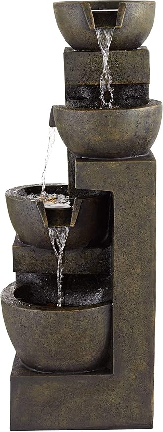Four Bowl 42" High Large Modern Indoor Outdoor Decor Gray Faux Stone Floor Fountain with Light LED Waterfall Cascading Standing Water Feature for Outside Garden Patio Yard Backyard - John Timberland