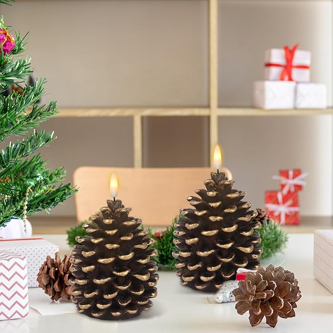 Wondise Flameless Candles with Timer, Battery Operated Flickering 3D Wick Real Wax Pine Cone Candles for Christmas Indoor Decoration, Set of 2, Brown(D3.5 x H6 Inch)