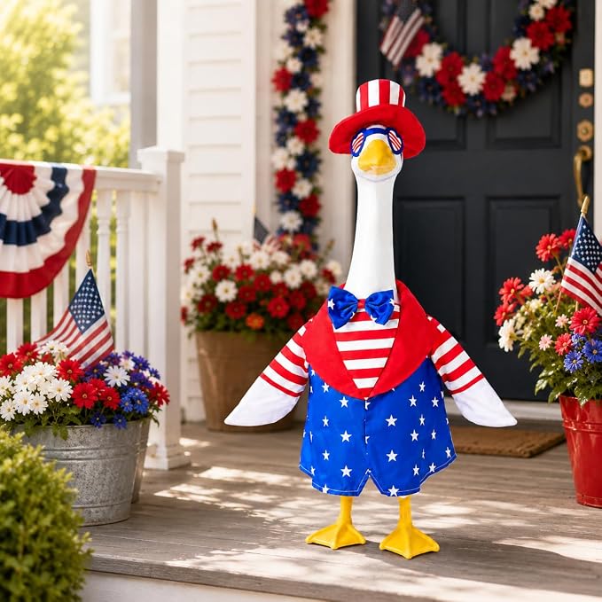 4th of July Porch Goose Outfits for 23 Inch Goose Statue, Patriotic Uncle Sam Goose Costume with Hat Glasses and Bow Tie, Red White Blue Goose Clothes for Independence Day Garden Patio Decor