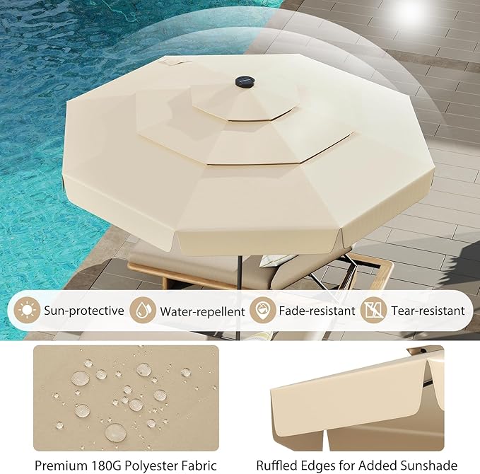 Tangkula 10 FT Solar LED Patio Umbrella, 3-Tiers Scalloped Outdoor Table Market Umbrella with 32 LED Lights, Tilt Adjustment, Crank, 8 Sturdy Ribs for Pool, Deck, Backyard (Beige)