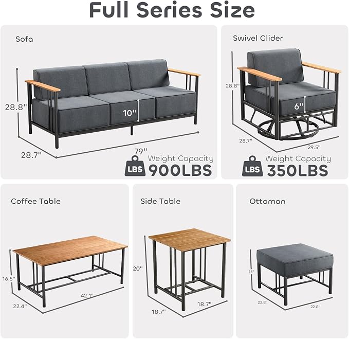 Luxury Outdoor Furniture Set with Swivel Chairs, 10 PCS Patio Furniture Set with 6" Extra Thick Cushions, Suitable for Porch, Balcony, Deck, Patio, Yard, Poolside, Black/Grey