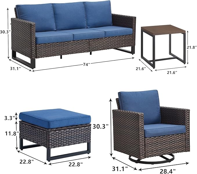 Rilyson Wicker Outdoor Patio Furniture Set - 6 Piece Patio Conversation Set with 2 Swivel Rocker Chairs,2 Rattan Ottoman,1 Couch and 1 Metal Side Table for Outside Porch Deck Backyard(Brown/Blue)