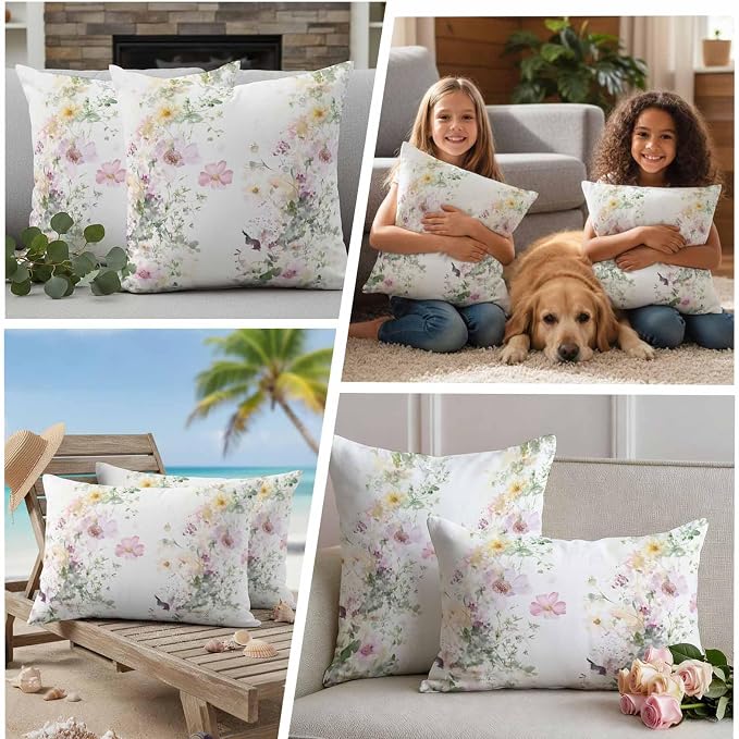 Watercolor Flowers Outdoor Waterproof Throw Pillow Covers Set of 2, 16"x16", Spring Retro Floral Purple Green Yellow Decorative Pillow Covers Outside Cushion Case for Patio Porch Garden