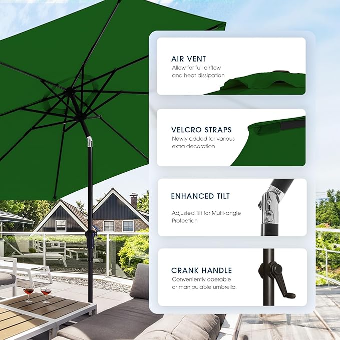 wikiwiki 9FT Patio Umbrella with Base, Outdoor Umbrellas with Base Included, 8 Sturdy Ribs, Waterproof Fade Resistant POLYESTER DTY Canopy for Deck, Lawn, Garden, Backyard & Pool, Dark Green