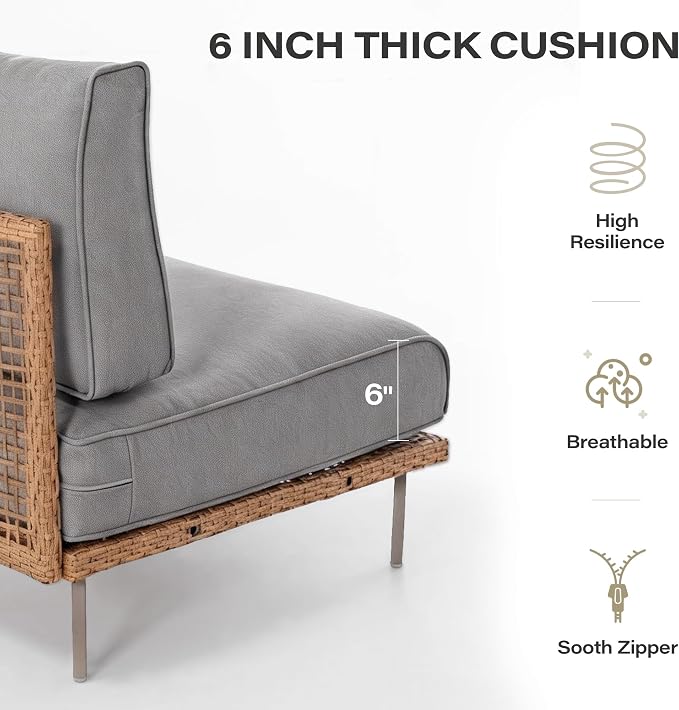 LAUSAINT HOME 5-Piece Outdoor Patio Furniture Set, Wicker Outdoor Conversation Set PE Rattan Sectional Sofa with Washable Cushions and Tempered Glass Table for Garden (Grey)