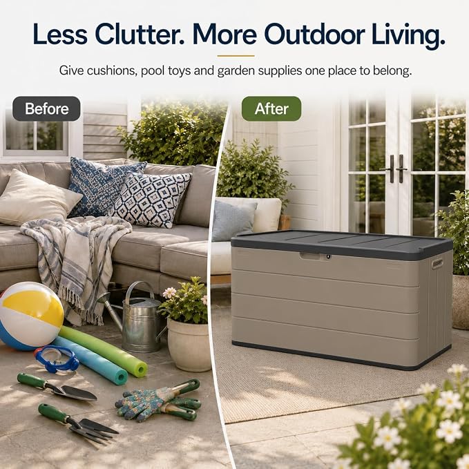 ADDOK 110 Gallon Outdoor Deck Box with Wheels, Large Waterproof HDPE Resin Storage Box with 2 Locking Casters, Lid Support Rod and Lockable Lid, Patio Cushion Storage Bench,Brown