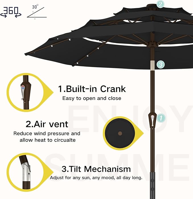 Kingdura 9ft 3-Tier Patio Umbrella with Solar Lights, Table Umbrella Outdoor Patio with Easy Crank & Tilt, 8 Sturdy Ribs, UV Protection, 32 LED Lights for Deck, Poolside, Market (Black)