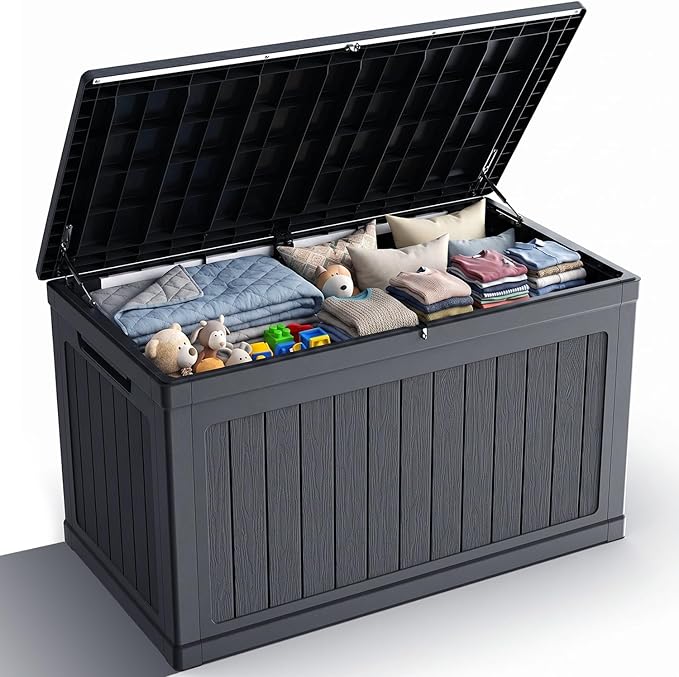 270 Gallon Deck Box, Extra Large Waterproof Outdoor Storage Box with Hydraulic Rod, Weatherproof Resin, Lockable Wood-grain Finish Container for Patio Furniture, Garden, Pool and Garage (Black)
