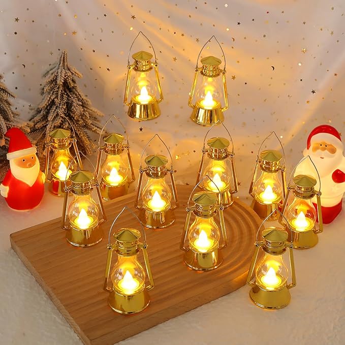 12 Pack Mini Lantern for Little Cowboy Centerpieces Tables Ideas Western Party Favor Decorations Wedding Decor Camping with 4inch Flickering LED Candle, Vintage Table Toppers Decorative