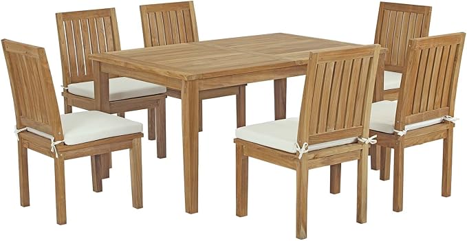 Modway Marina Premium Grade A Teak Wood 7 Piece Patio Teak Outdoor Dining Set in Natural White