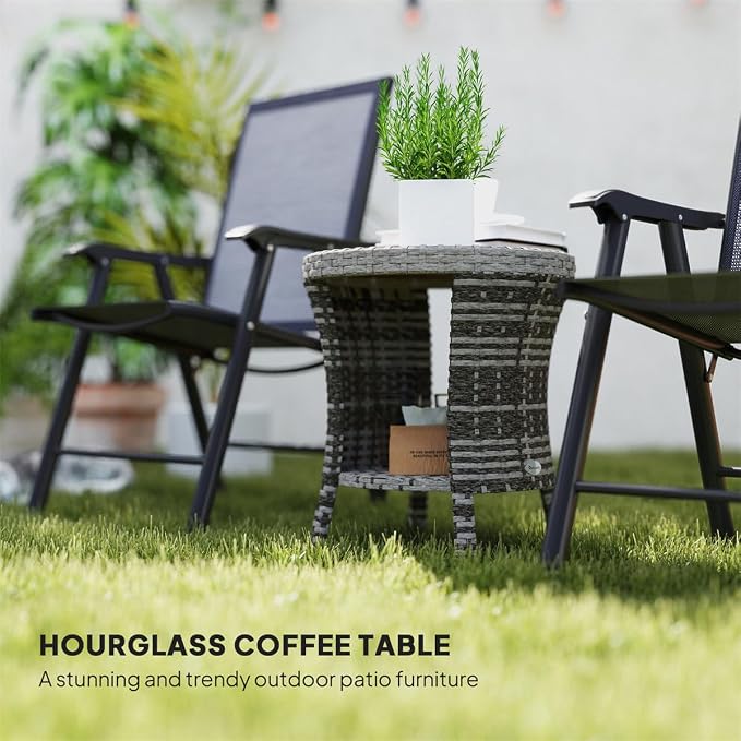 Outdoor Rattan Side Table with 2-Tier Storage, 18.1" Hourglass Shape Outdoor End Table, PE Wicker Bistro Coffee Table with Wood-Plastic Composite Top for Patio Garden Balcony, Light Gray
